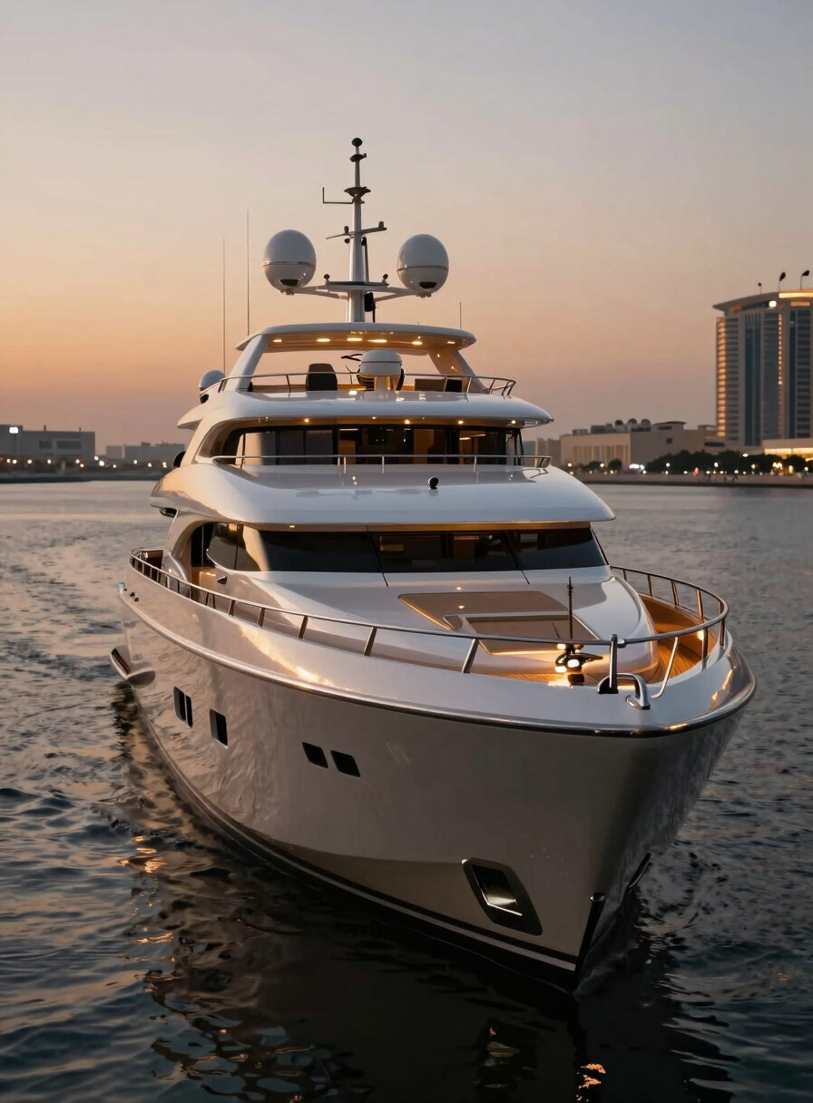 Sleek portrait shot of a 164-foot superyacht Sovereign at twilight, illuminated cabins, teak deck details, Dubai Marina background