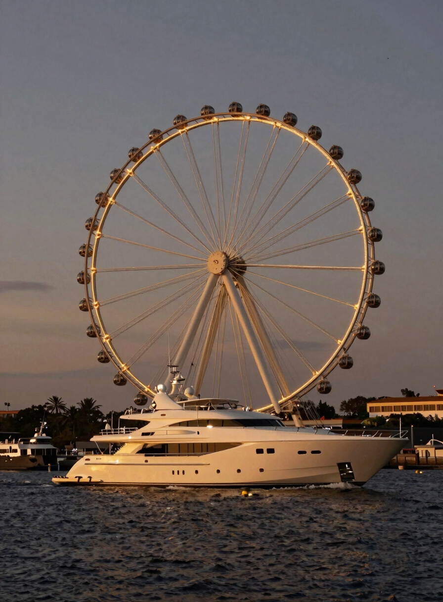 Wide environmental shot of a superyacht cruising near Bluewaters Island, the giant observation wheel glowing with warm gold lights against a dark evening sky.
