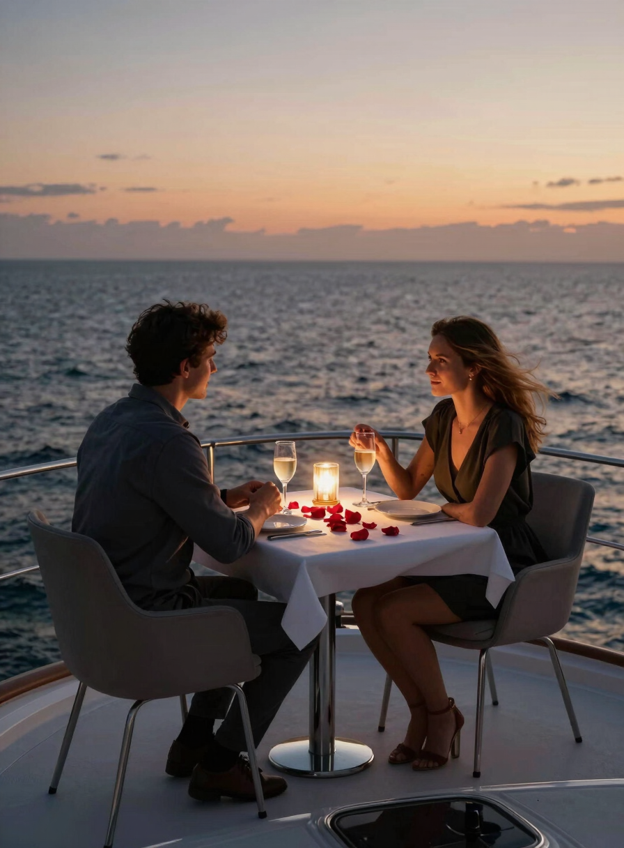 A private table set for two on the bow of a yacht, rose petals, twilight lighting, ocean horizon, vertical crop.