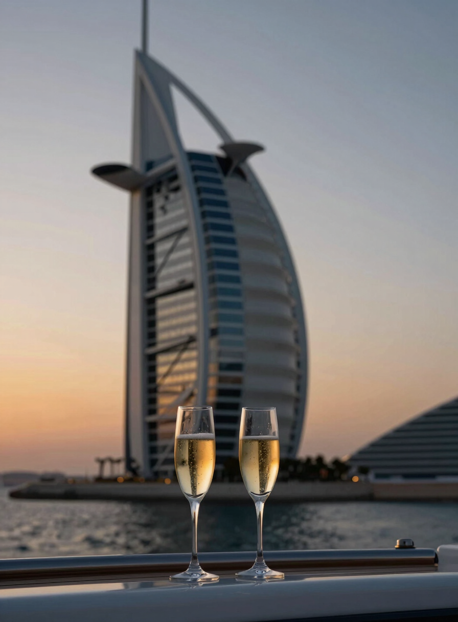 Cinematic side view of a luxury yacht deck with champagne glasses, the iconic sail silhouette of Burj Al Arab in the soft twilight background.