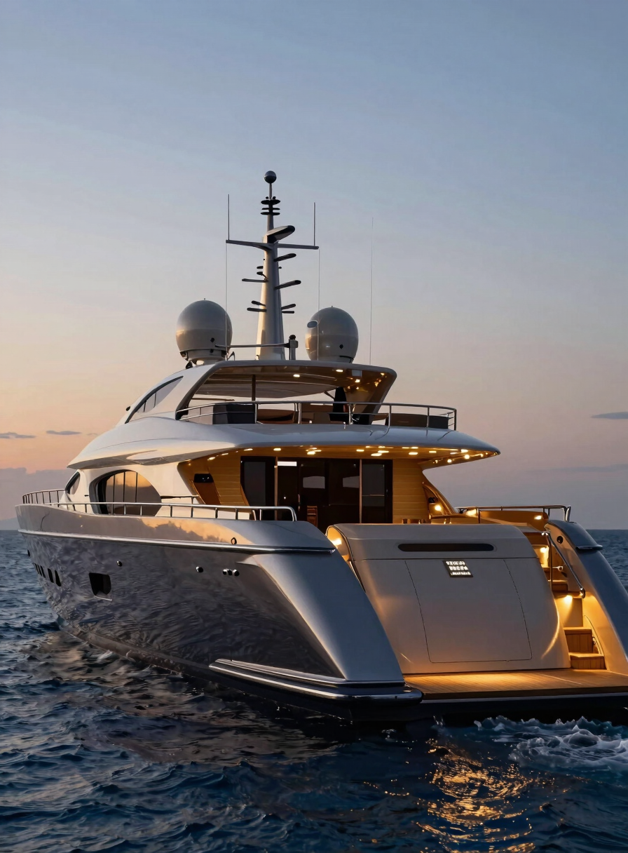 Intimate portrait of a 120-foot superyacht Midnight Serenade at twilight, warm ambient lighting on the aft deck, deep blue water