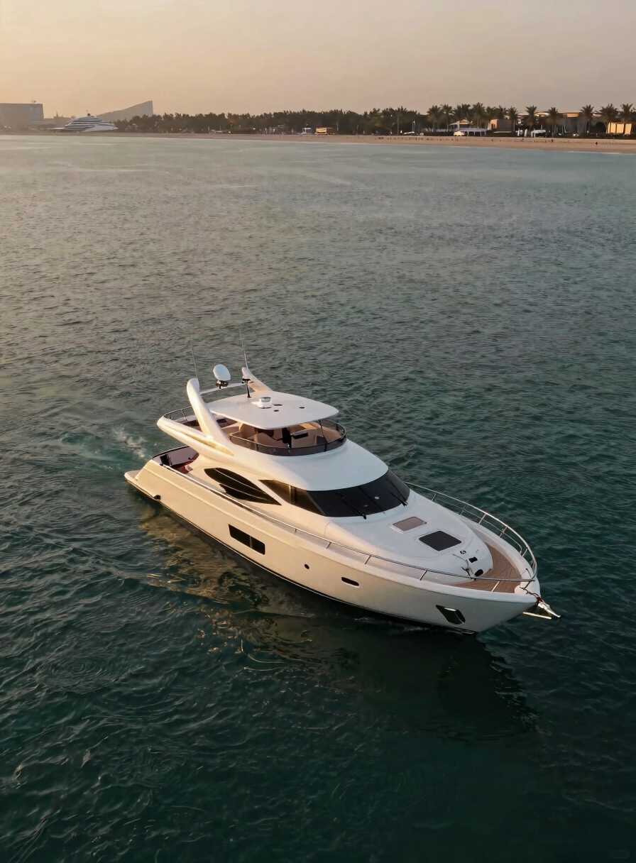Dramatic aerial perspective of a private yacht anchored in the calm, deep turquoise lagoons of Palm Jumeirah during golden hour.