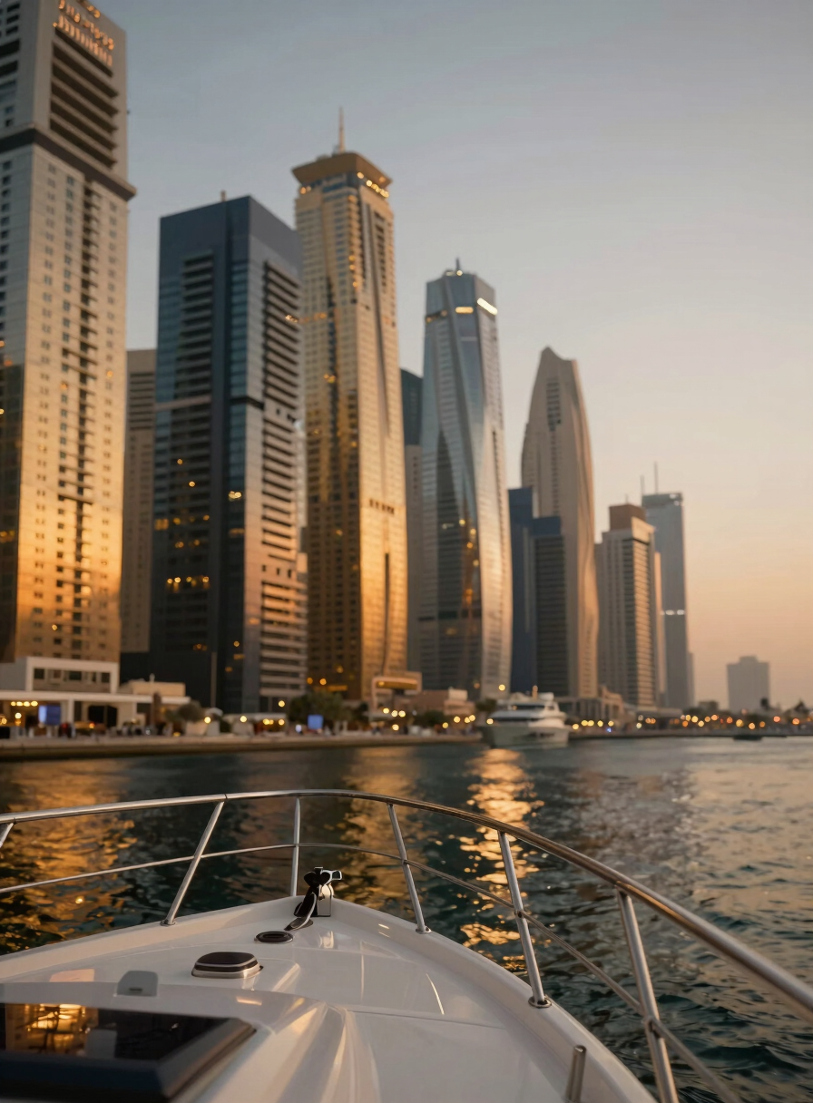 Close-up cinematic shot of a yacht bow gliding through the calm waters of Dubai Marina canal, towering skyscrapers illuminated in warm gold against a twilight sky.