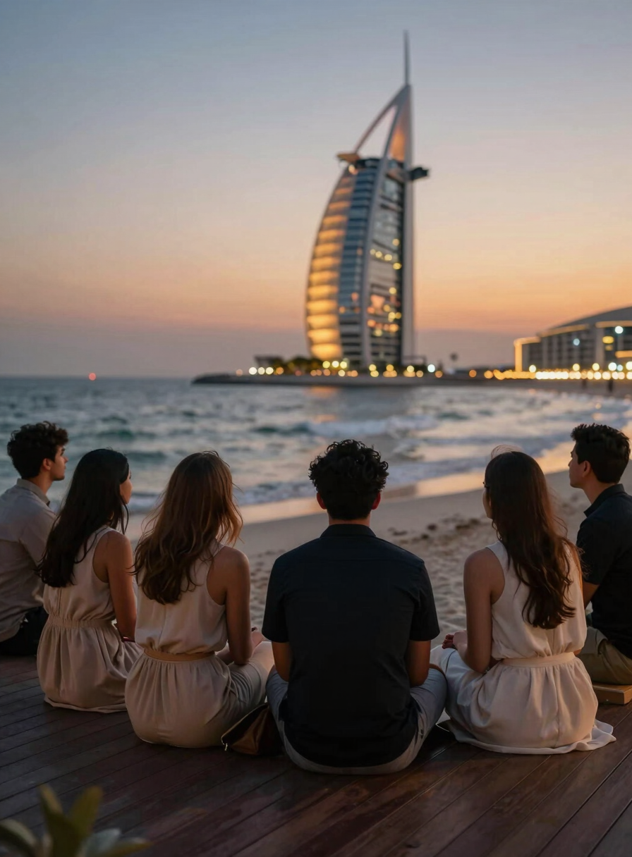 Intimate editorial shot of guests on a teak deck looking out at the vibrant, lit-up shoreline of Jumeirah Beach Residence at dusk.